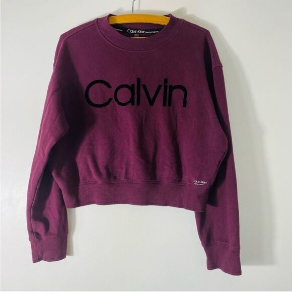 Calvin Klein Performance Purple Crop Top w Black Felt Letters Sweatshirt Size L - Picture 1 of 7